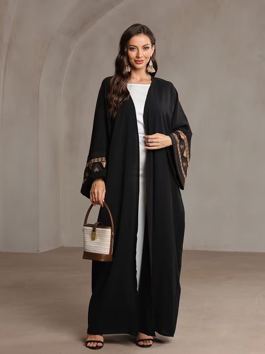 Abaya with Intricate Batwing Sleeves and Geometric Embroidery